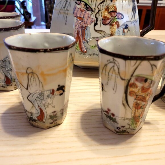 Vintage Antique Japanese Pitcher and Cup Set Geisha Asian Pattern Hand Painted - Picture 3 of 16
